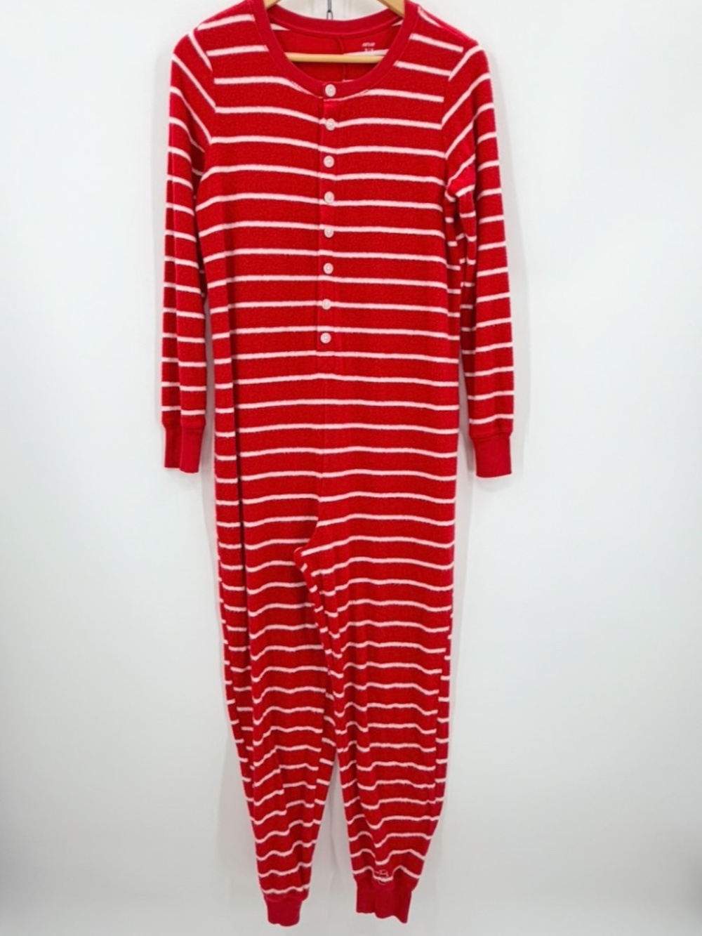 Aerie Women's Med Red White Striped Fleece Henley Union Suit Pajamas One Piece